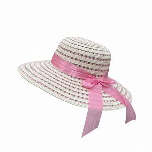 SET of 16 Wide Brim Straw Hats With Pink Ribbon Bow For Girls